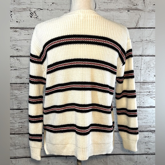 COTTON EMPORIUM Crewneck Sweater Loose Knit White w Red/Blue Stripes-Medium - Picture 2 of 2